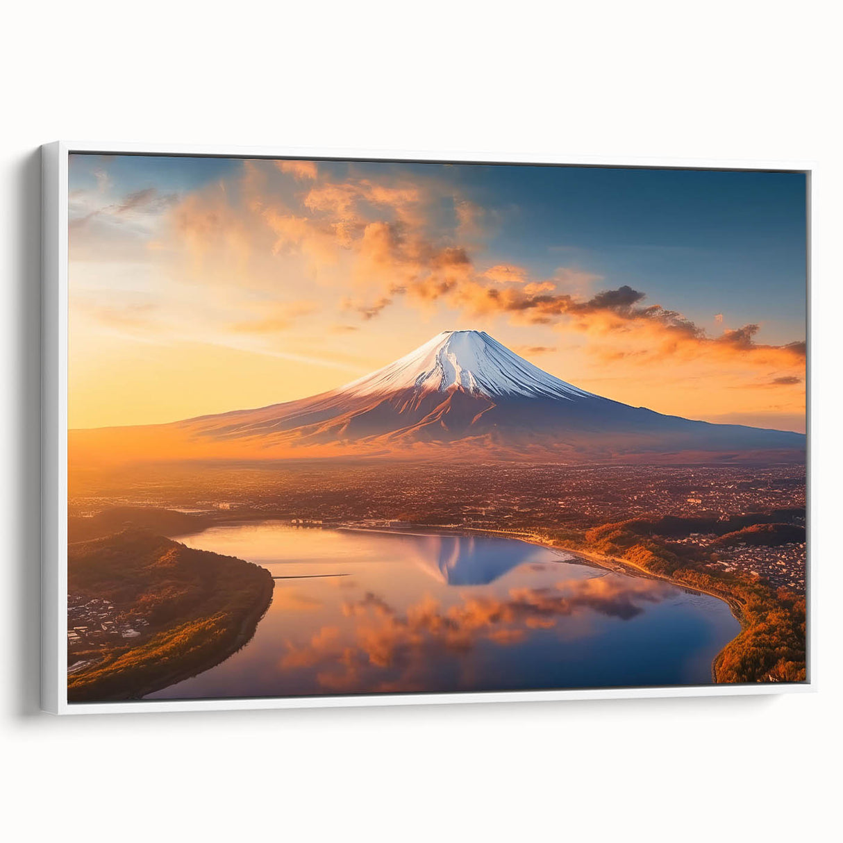 Framed canvas wall art showcasing a vibrant volcano landscape design with bold colors, set against a white background, ideal for home decor.