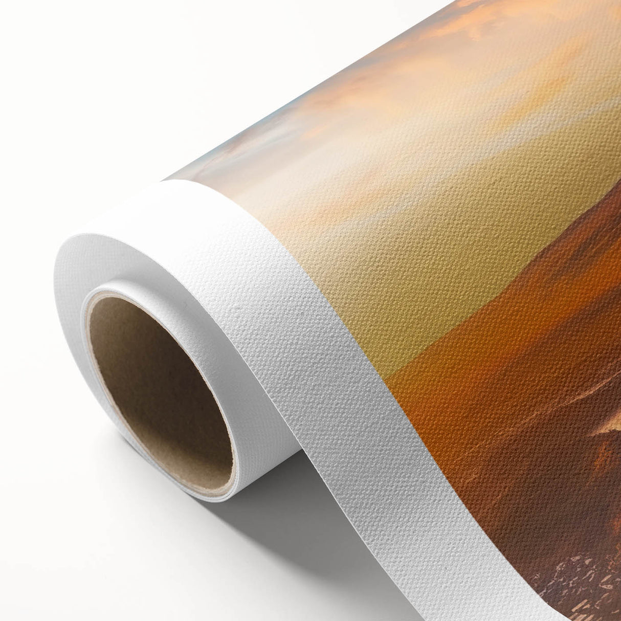 Vibrant rolled canvas depicting a stunning landscape of a volcano at sunset, showcasing rich oranges and deep blues, ideal for home decor and art enthusiasts.