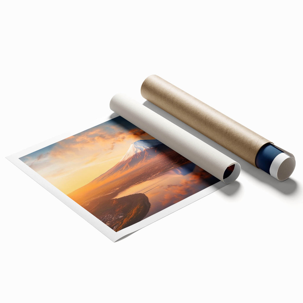 Rolled print of a vibrant volcano landscape design, showcasing bold colors and dynamic textures, ideal for home decor or art collection, securely packaged for delivery.