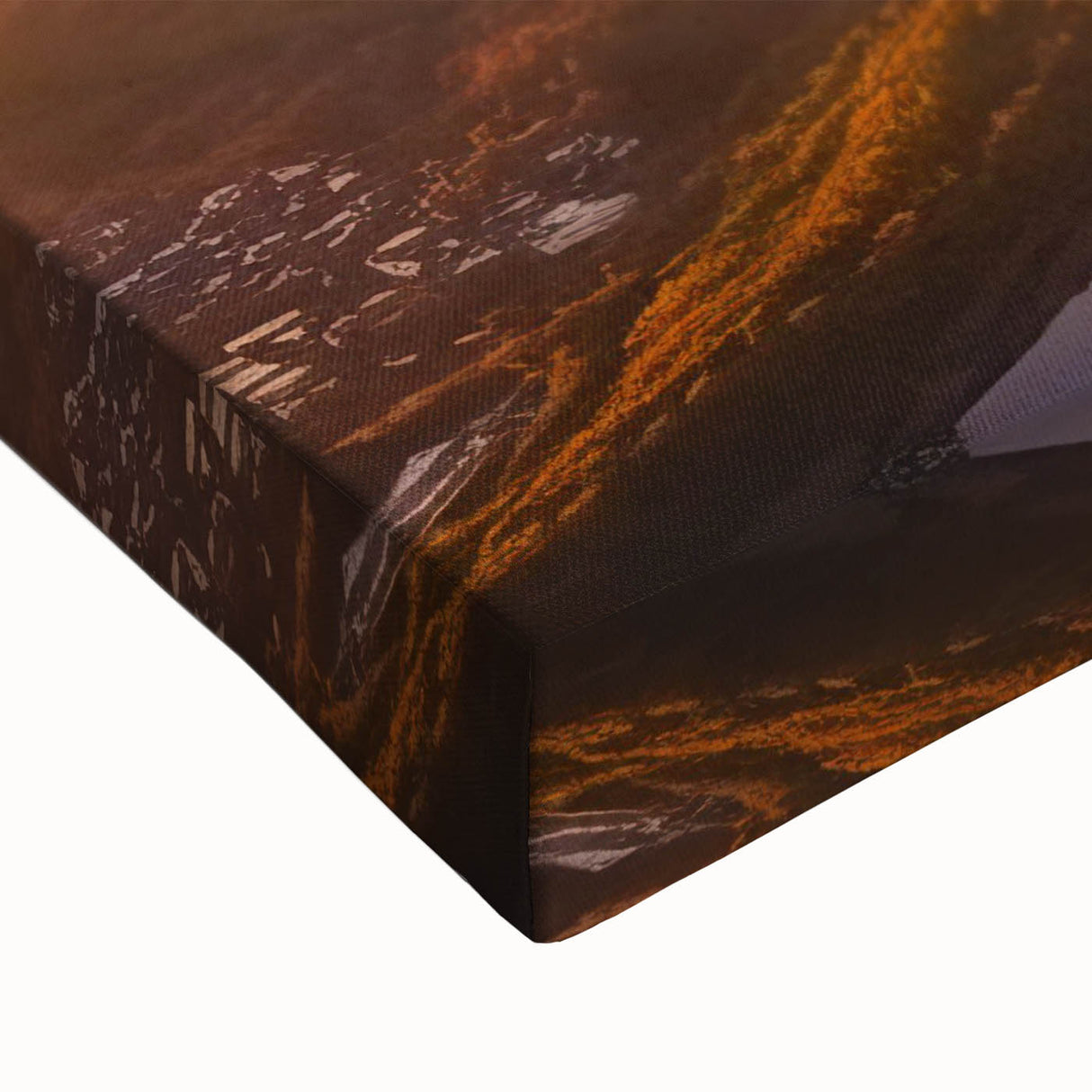 Vibrant close-up of a stretched canvas wall art piece showcasing a dramatic volcano landscape design with rich colors and intricate details, perfect for home decor.