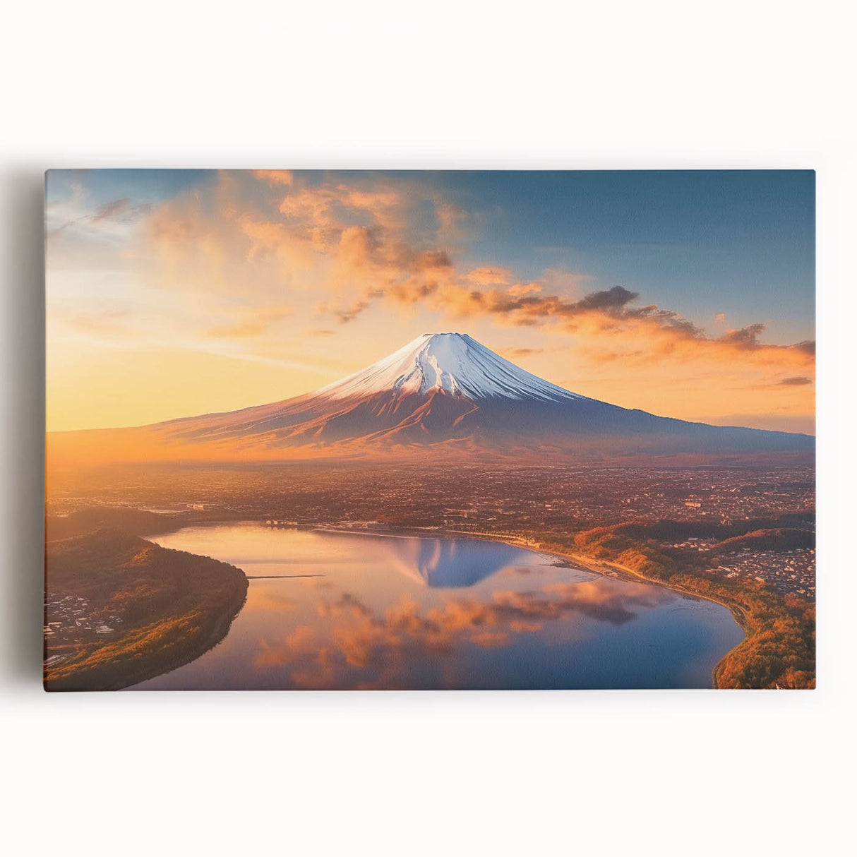 Stretched canvas wall art showcasing a vibrant volcano landscape design with rich colors, ideal for home decor, enhancing artistic ambiance in living spaces.