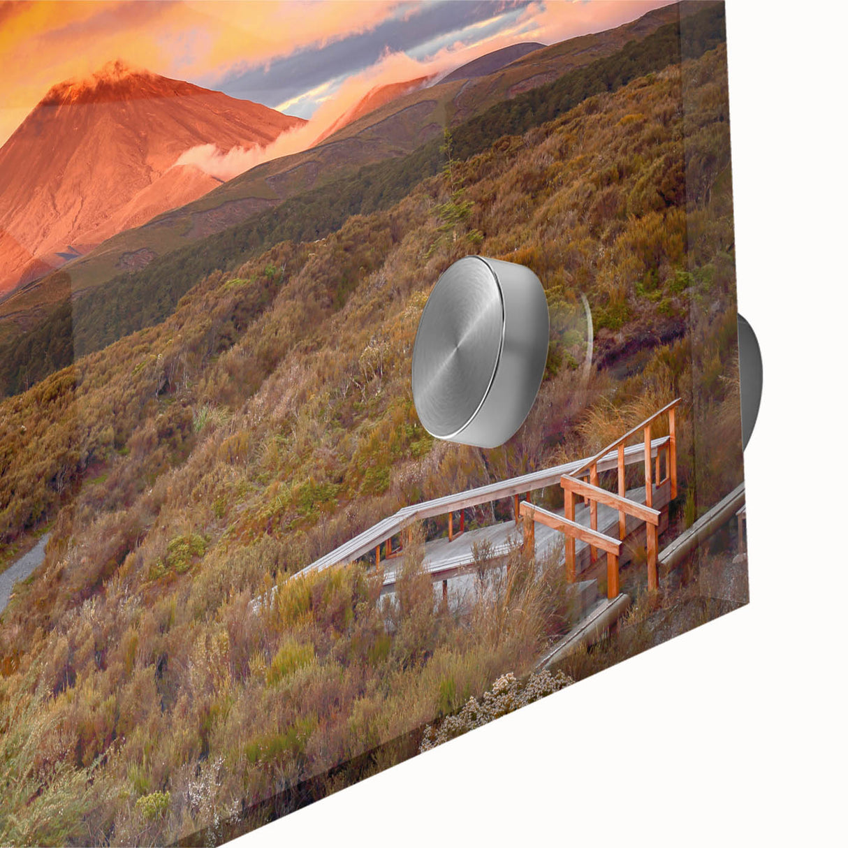 Close-up of a vibrant acrylic glass wall art piece featuring a stunning volcanic landscape design, showcasing rich colors and intricate details for home decor enhancement.