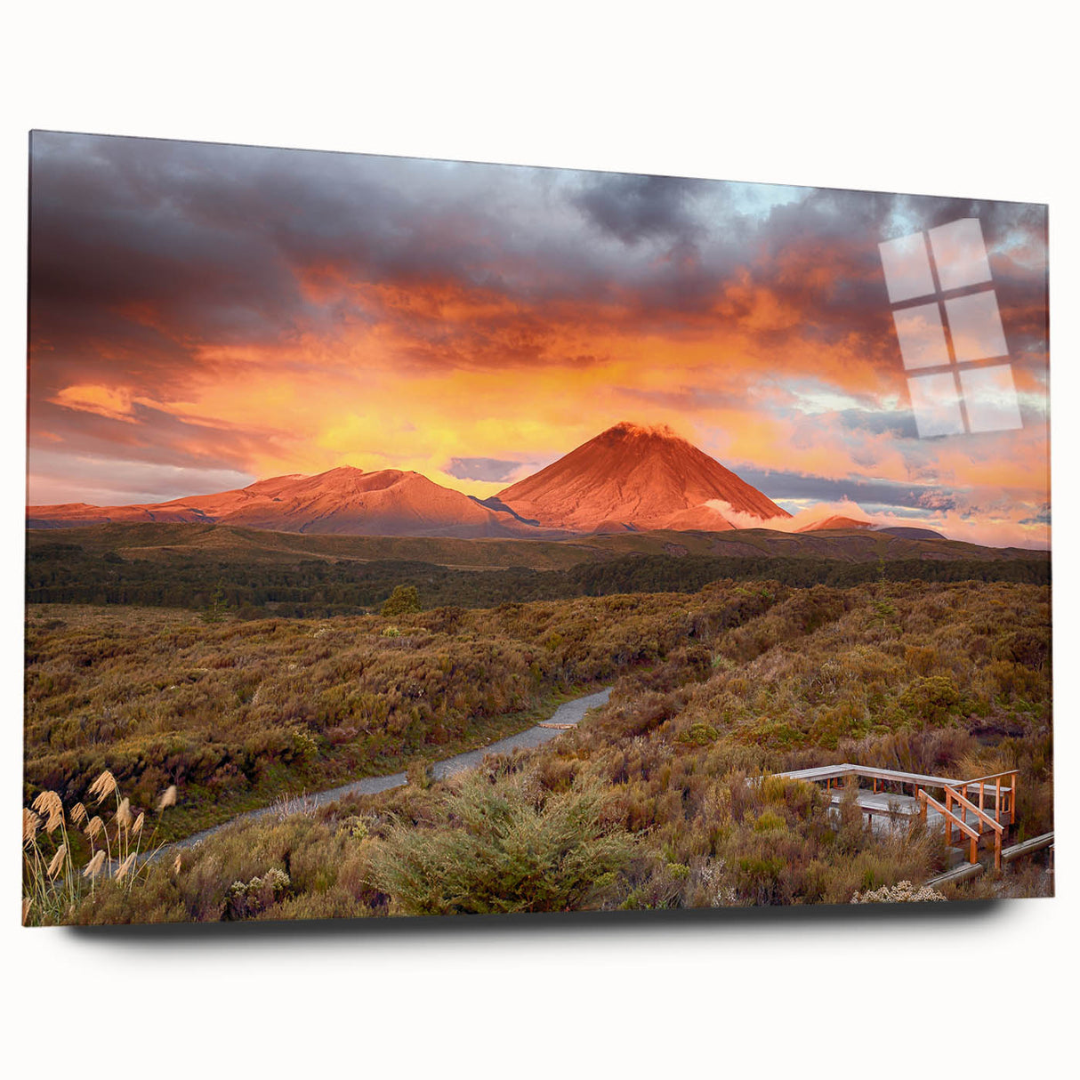Acrylic glass wall art displaying a stunning volcano landscape design, showcasing vibrant colors and intricate details, ideal for modern home decor.