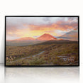 Framed acrylic wall art showcasing a stunning landscape design of a volcano, featuring vibrant colors and a sleek black frame, ideal for modern decor.