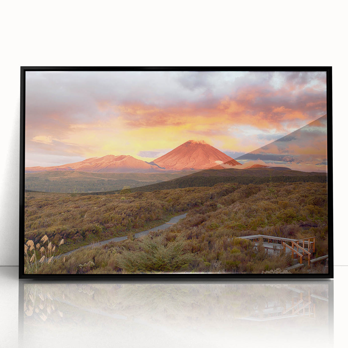 Framed acrylic wall art showcasing a stunning landscape design of a volcano, featuring vibrant colors and a sleek black frame, ideal for modern decor.
