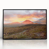Framed acrylic wall art showcasing a stunning landscape design of a volcano, featuring vibrant colors and a sleek black frame, ideal for modern decor.