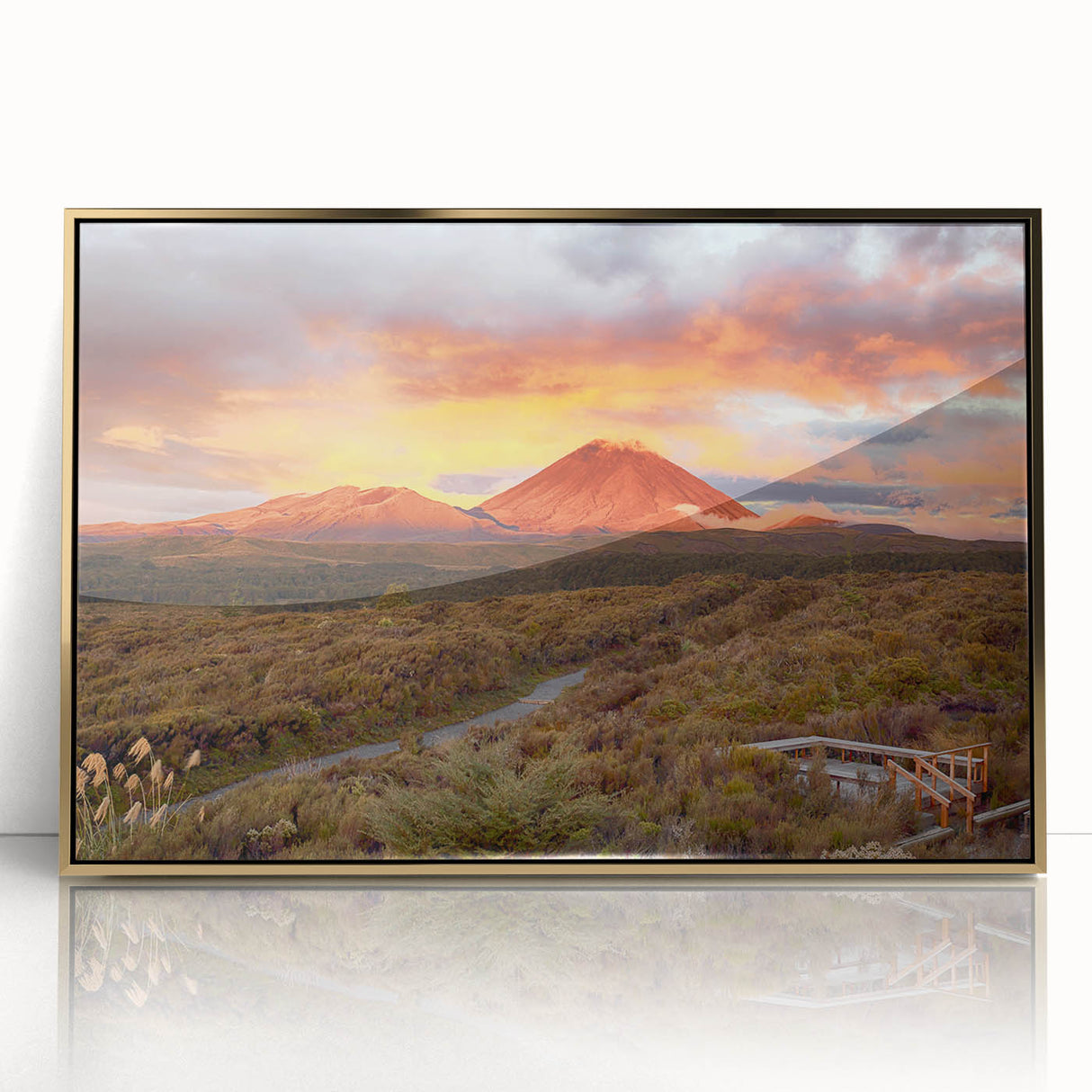 Framed acrylic wall art featuring a striking volcano landscape design in vibrant colors, elegantly set against a gold frame, perfect for home decor.