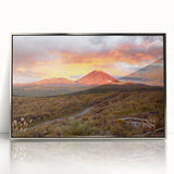 Framed acrylic wall art depicting a vibrant volcano landscape design with silver accents, showcasing bold colors and intricate details for modern decor. Perfect for adding a striking focal point to any room.