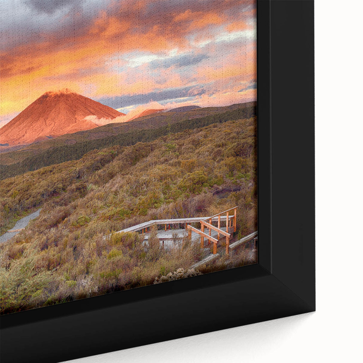 Framed canvas wall art featuring a vibrant volcano landscape design, showcasing vivid colors and intricate details, perfect for enhancing home decor.