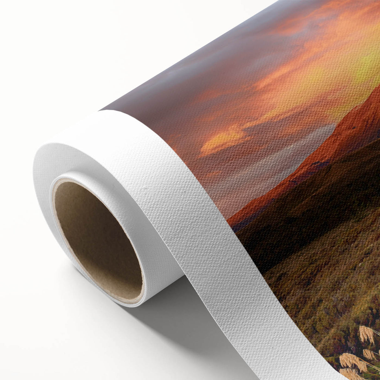 Vibrant rolled canvas artwork showcasing a stunning volcanic landscape design, featuring rich colors and intricate details, ideal for home decor enhancement.