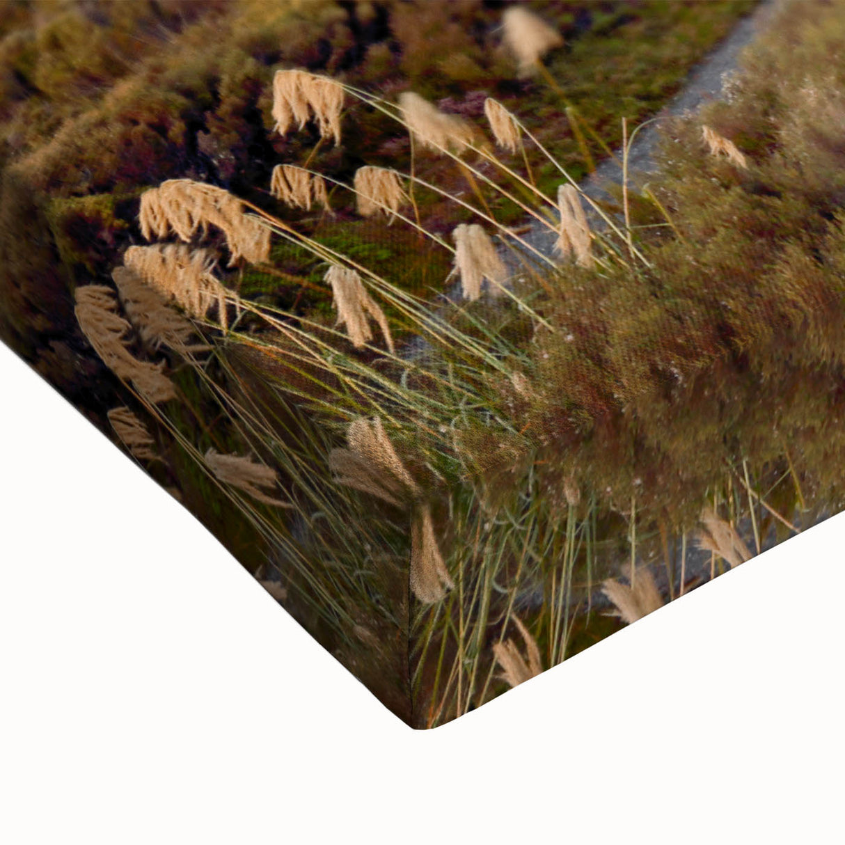 Close-up of a vibrant stretched canvas wall art featuring a dramatic volcano landscape design with rich colors, ideal for modern home decor. Perfect for adding a bold artistic touch to any living space or office.