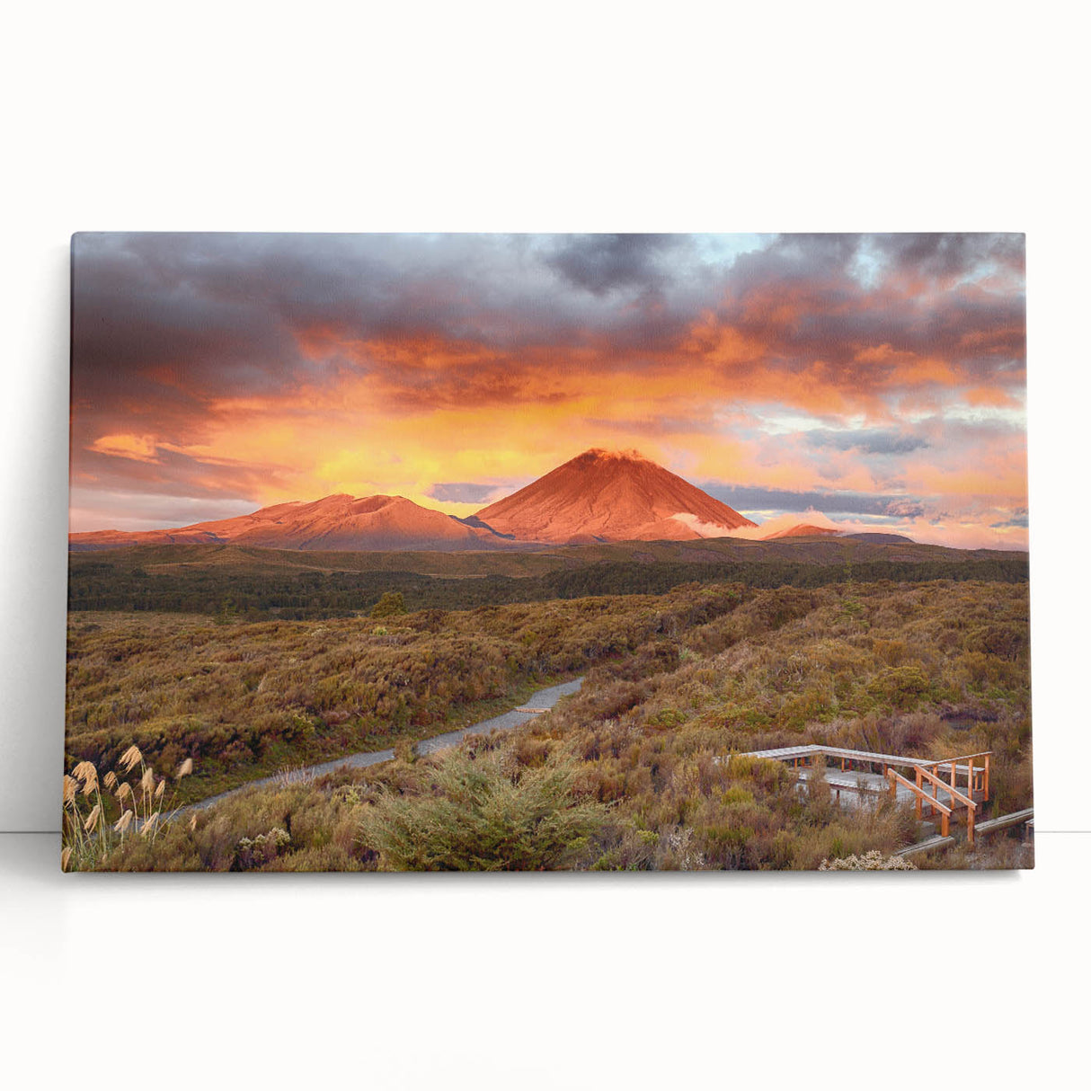 Stretched canvas wall art featuring a vibrant volcano landscape design, showcasing vivid colors and dynamic textures, perfect for modern home decor and art enthusiasts.
