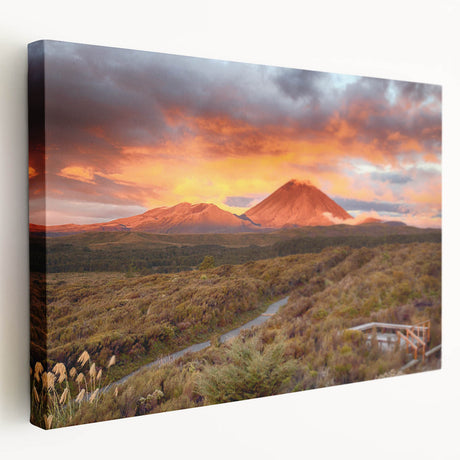 Stretched canvas artwork displaying a vibrant volcano landscape design in bold colors, perfect for home decor and art enthusiasts seeking unique wall art.