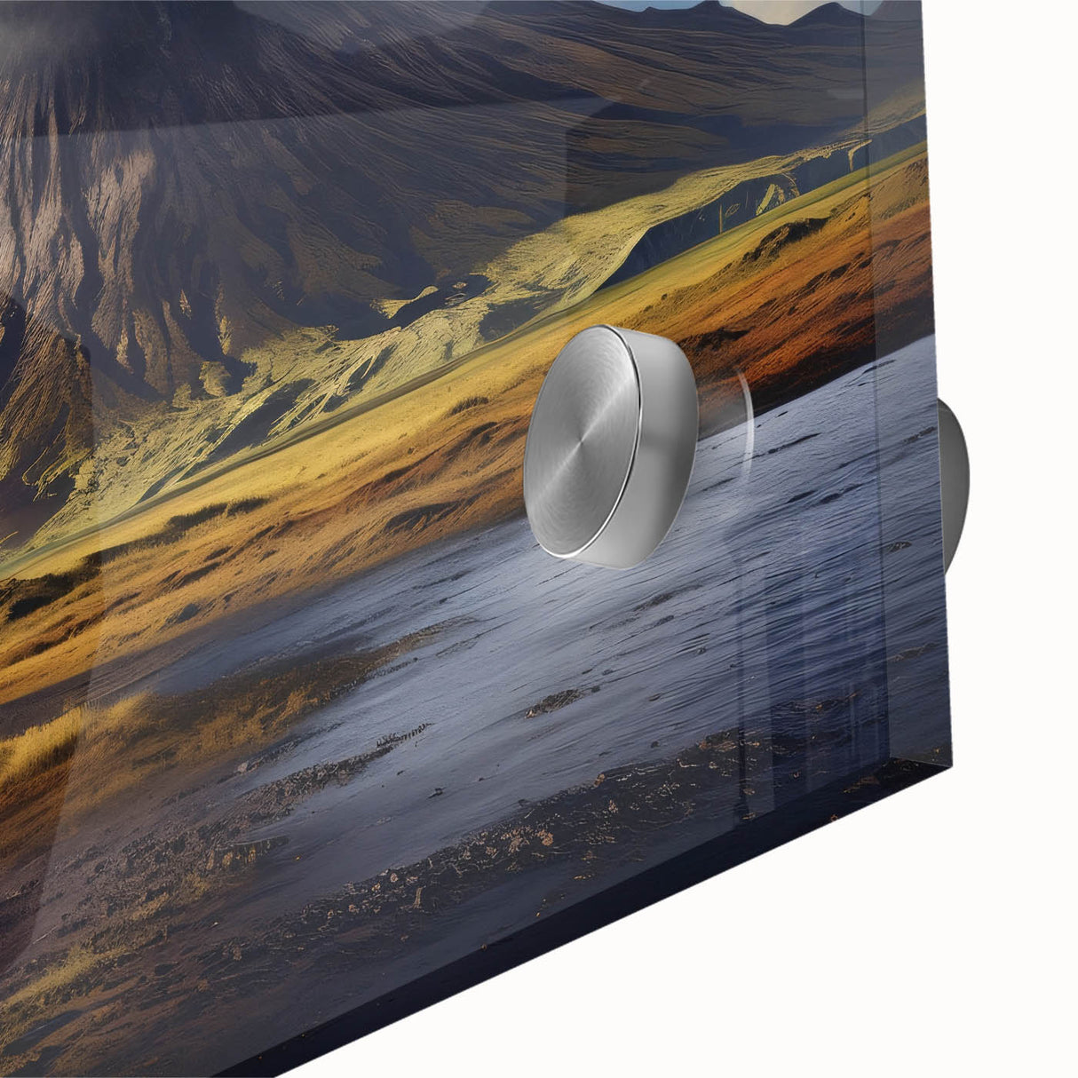 Vibrant close-up of a volcano-themed wall art piece, showcasing bold colors and intricate details on acrylic glass, perfect for modern home decor.