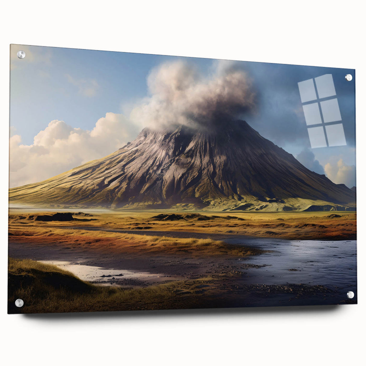 Acrylic glass wall art showcasing a vibrant volcano landscape design, side view with decorative pins, ideal for modern home decor and art enthusiasts.