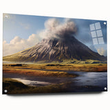Acrylic glass wall art showcasing a vibrant volcano landscape design, side view with decorative pins, ideal for modern home decor and art enthusiasts.