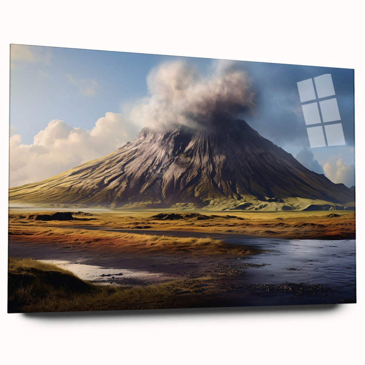 Acrylic glass wall art showcasing a vibrant volcano landscape design in a side view, perfect for modern home decor. Ideal for adding a striking focal point to any room.
