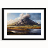 Black-framed wall art featuring a vibrant volcano landscape design, showcasing fiery colors and dramatic scenery, perfect for home decor enhancement.