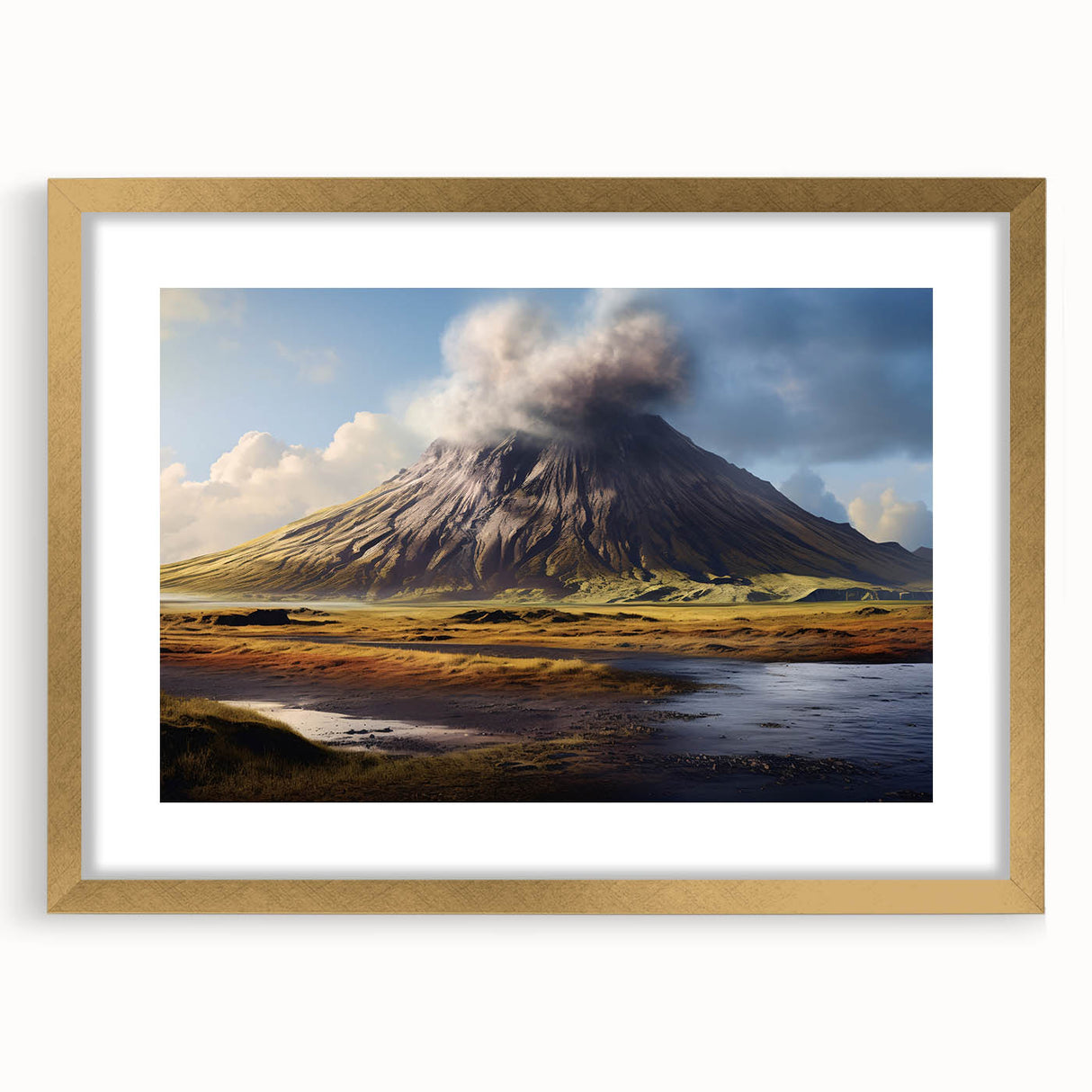 Framed wall art featuring a stunning volcano landscape design, showcased with a gold mat and frame, perfect for enhancing modern home decor.