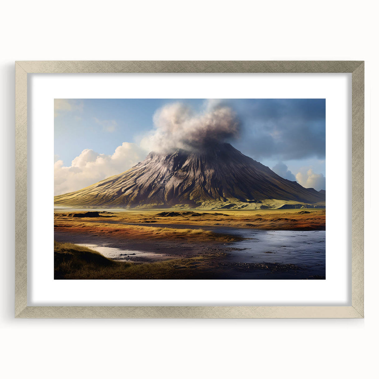 Framed wall art featuring a stunning volcanic landscape design with a silver mat, perfect for home decor, enhancing aesthetics with natural beauty and elegance.