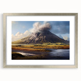 Framed wall art featuring a stunning volcanic landscape design with a silver mat, perfect for home decor, enhancing aesthetics with natural beauty and elegance.