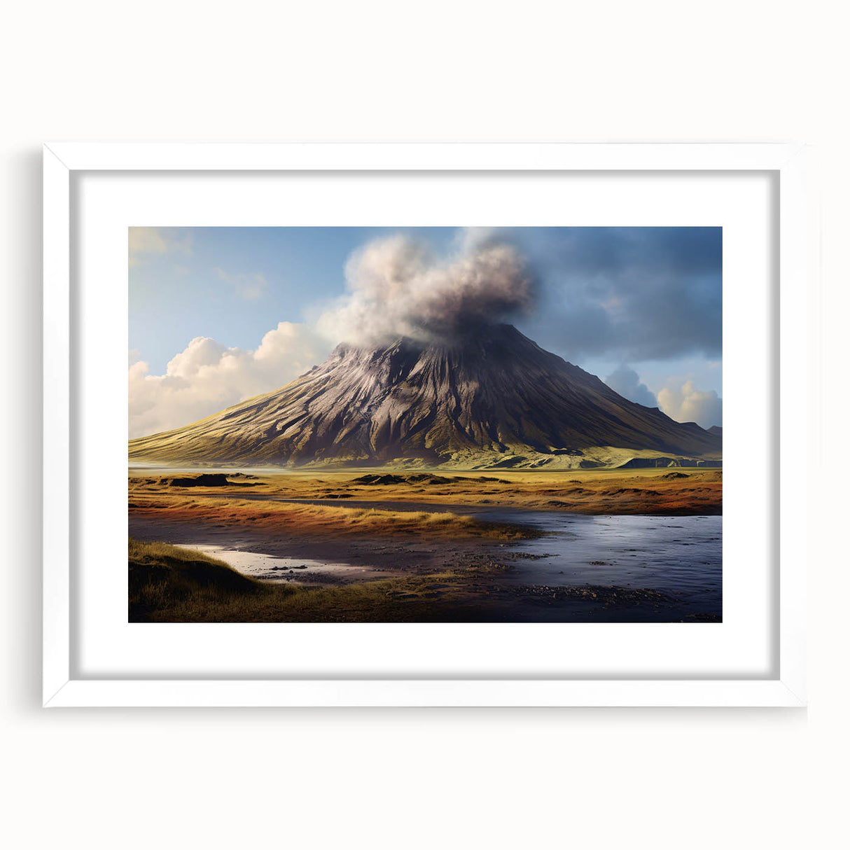 Framed wall art collection depicting a vibrant volcano landscape scene, featuring a white mat and modern design for elegant home decor. Ideal for nature enthusiasts.