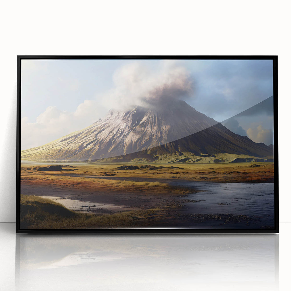 Framed acrylic wall art showcasing a vibrant volcano landscape design, featuring bold colors and intricate details, perfect for modern home decor.