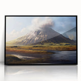 Framed acrylic wall art showcasing a vibrant volcano landscape design, featuring bold colors and intricate details, perfect for modern home decor.