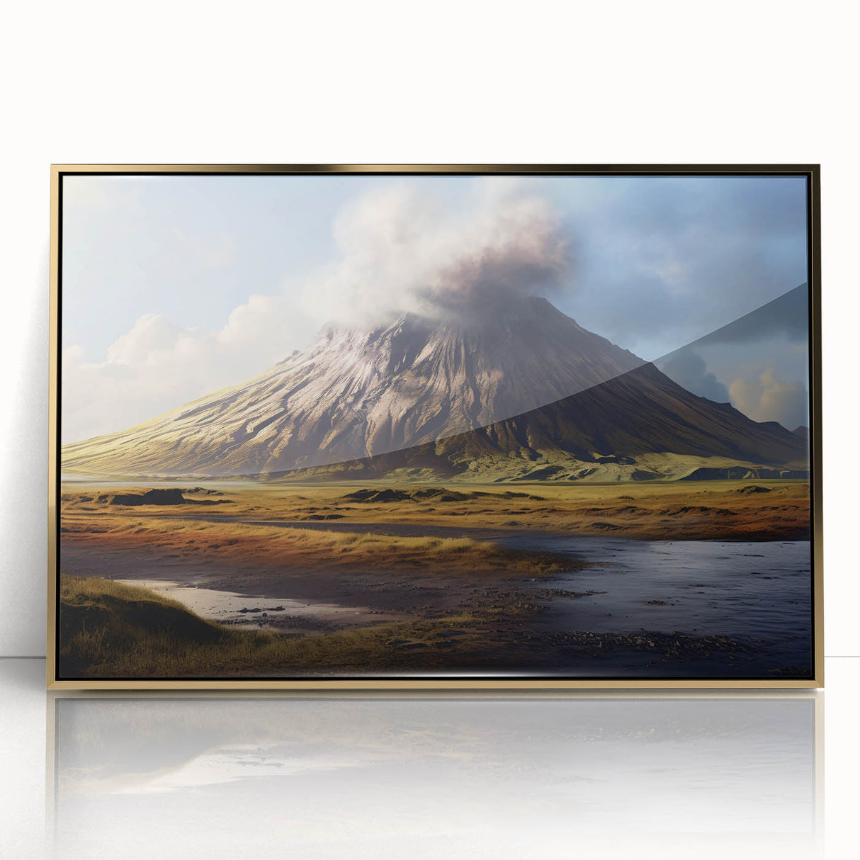 Framed acrylic wall art showcasing a vibrant volcano landscape design with gold accents, perfect for home decor, adding a touch of elegance and nature-inspired charm.