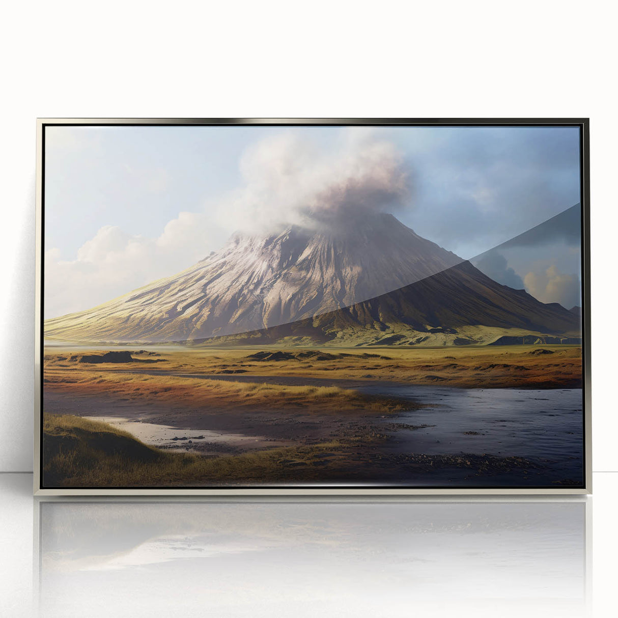 Framed acrylic wall art featuring a stunning volcano landscape design with silver accents, showcasing vibrant colors and intricate details, perfect for home decor.