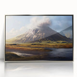 Framed acrylic wall art featuring a stunning volcano landscape design with silver accents, showcasing vibrant colors and intricate details, perfect for home decor.