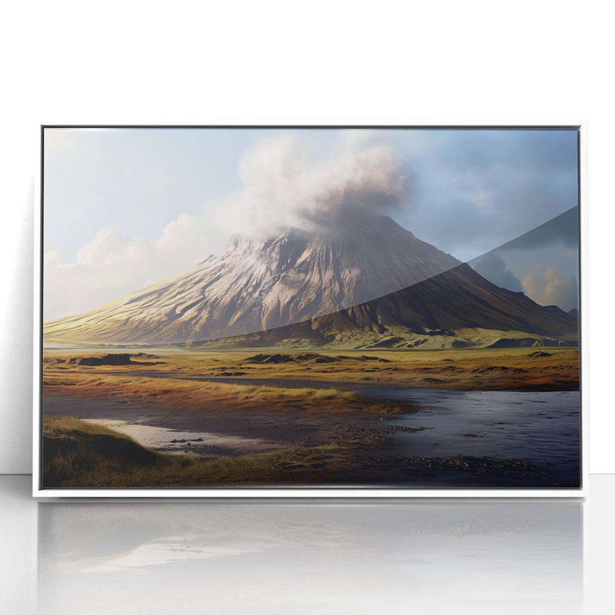Framed acrylic wall art showcasing a vibrant volcanic landscape design in a white frame, ideal for enhancing modern home decor with natural beauty.