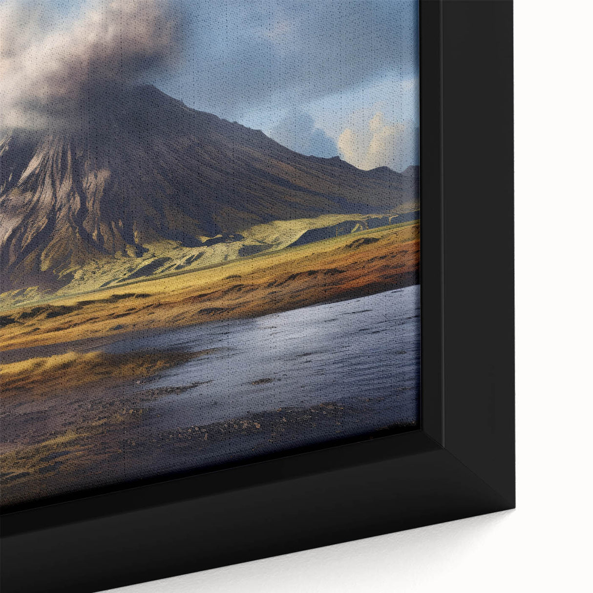 Close-up of a framed canvas wall art piece showcasing a vibrant volcano landscape design, featuring rich colors and intricate details, perfect for modern home decor.