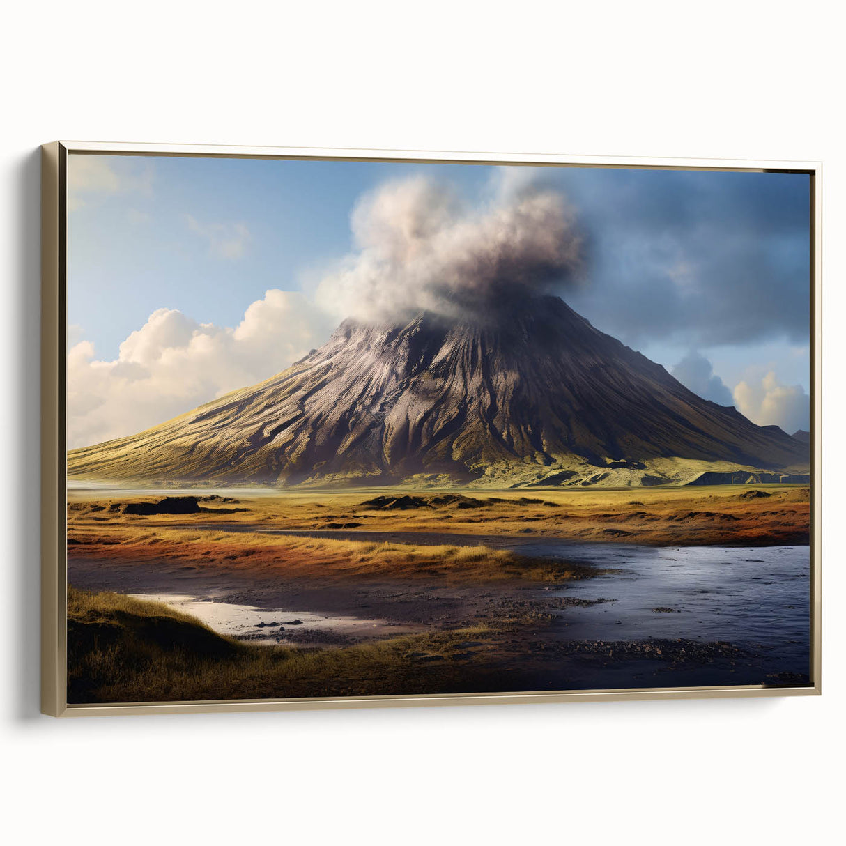 Framed canvas wall art showcasing a stunning volcano landscape design with vibrant colors, gold accents, and a contemporary side view, perfect for home decor.