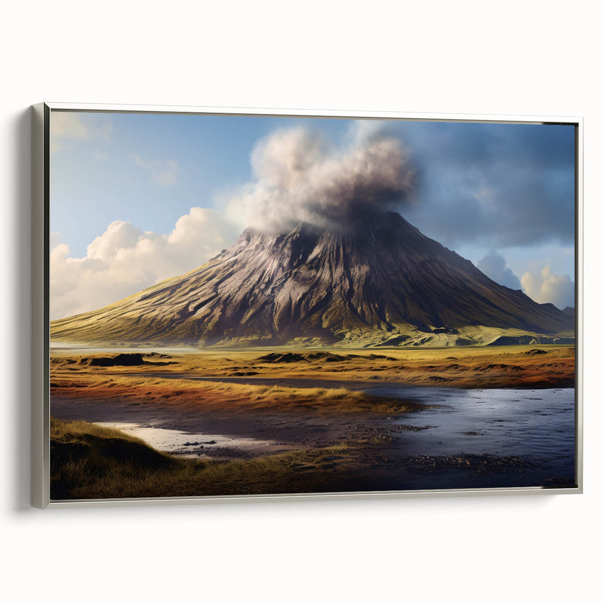Framed canvas wall art showcasing a stunning volcano landscape design in vibrant colors, elegantly presented with a silver frame, perfect for enhancing interior decor.