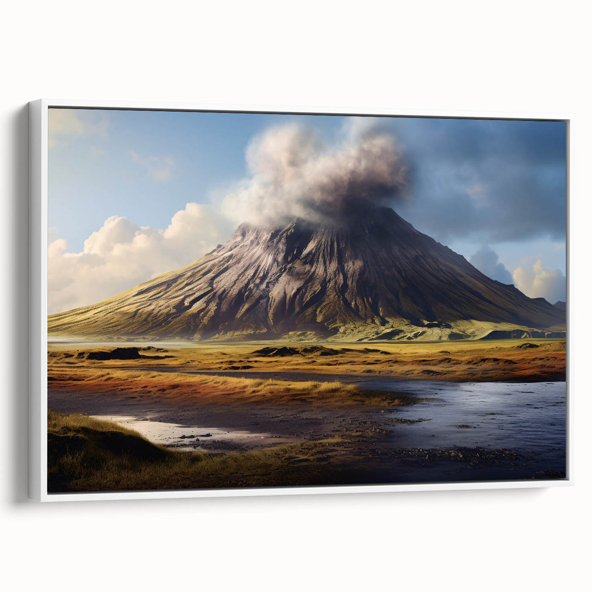 Framed canvas wall art showcasing a vibrant volcanic landscape design, featuring bold colors and dramatic texture, displayed against a white backdrop.
