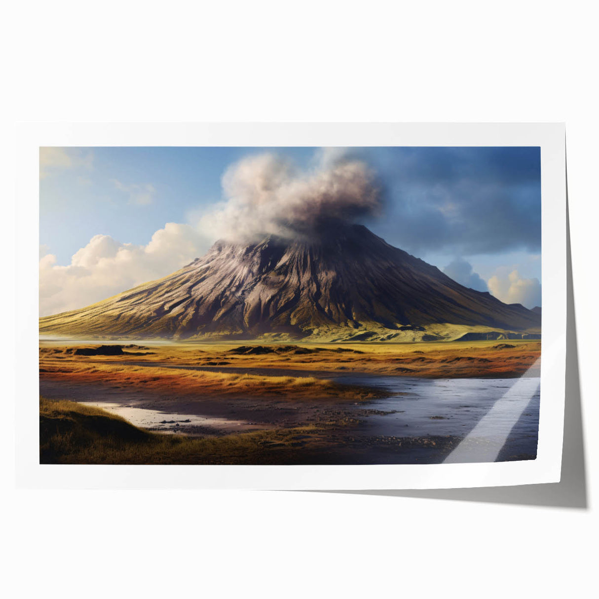 Rolled print of a vibrant volcano landscape design, showcasing rich colors and dramatic textures, ideal for home decor or art enthusiasts, securely packaged in a protective tube.