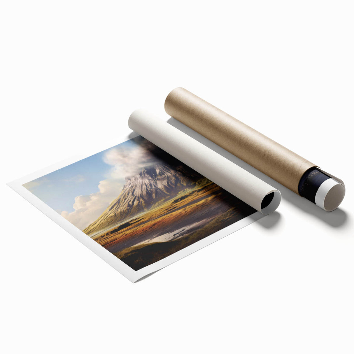 Stunning rolled print of a vibrant volcano landscape design, featuring bold colors and dynamic textures, ideal for home decor and art enthusiasts.
