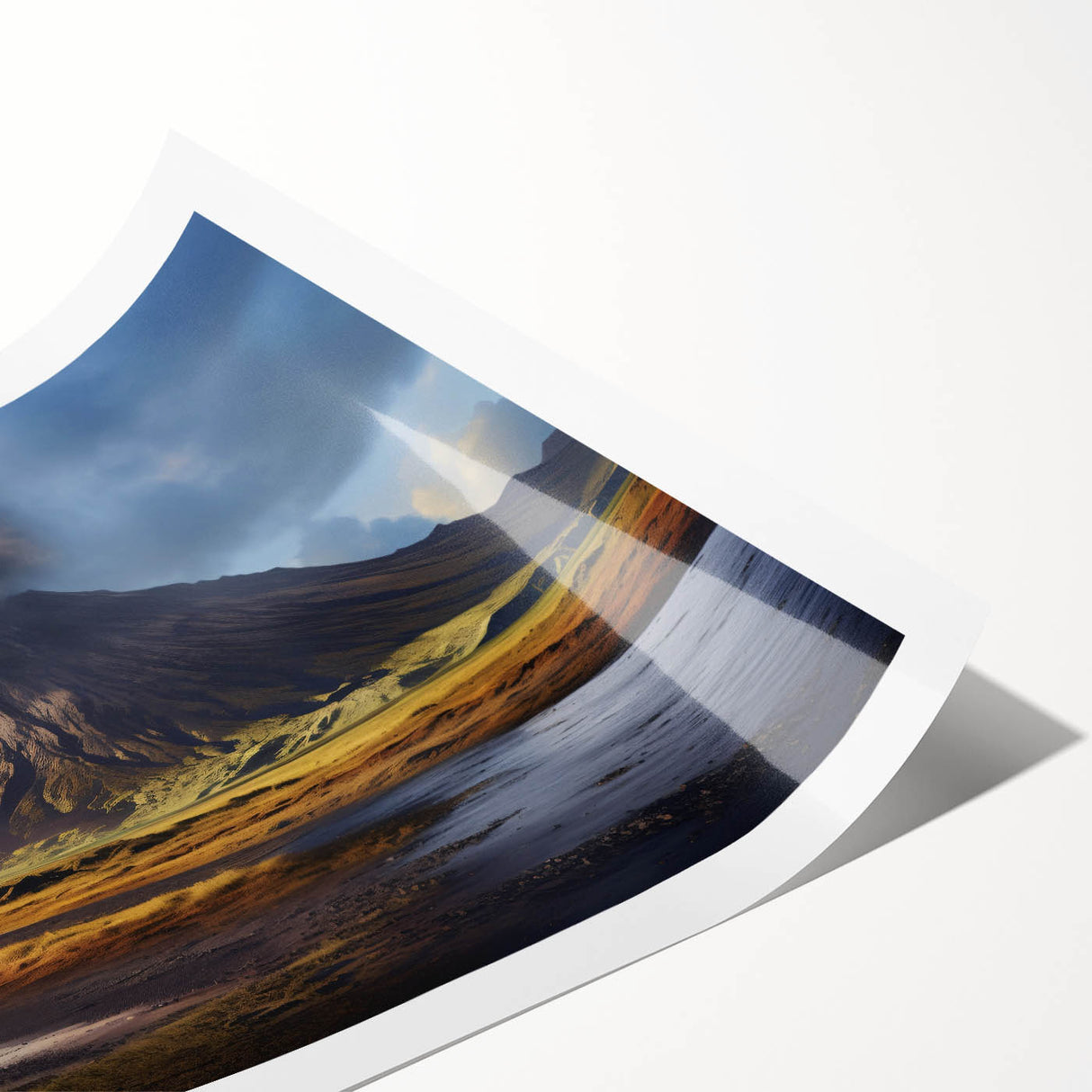 Volcanic landscape wall art design featuring vibrant colors and dynamic textures, ideal for home decor or office spaces, presented as a rolled print for easy framing.