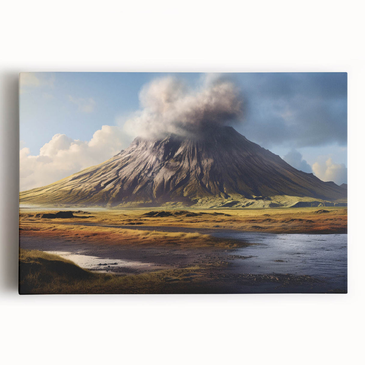 Stretched canvas artwork showcasing a vibrant volcano landscape design, featuring vivid colors and intricate details, ideal for home decor or office spaces.