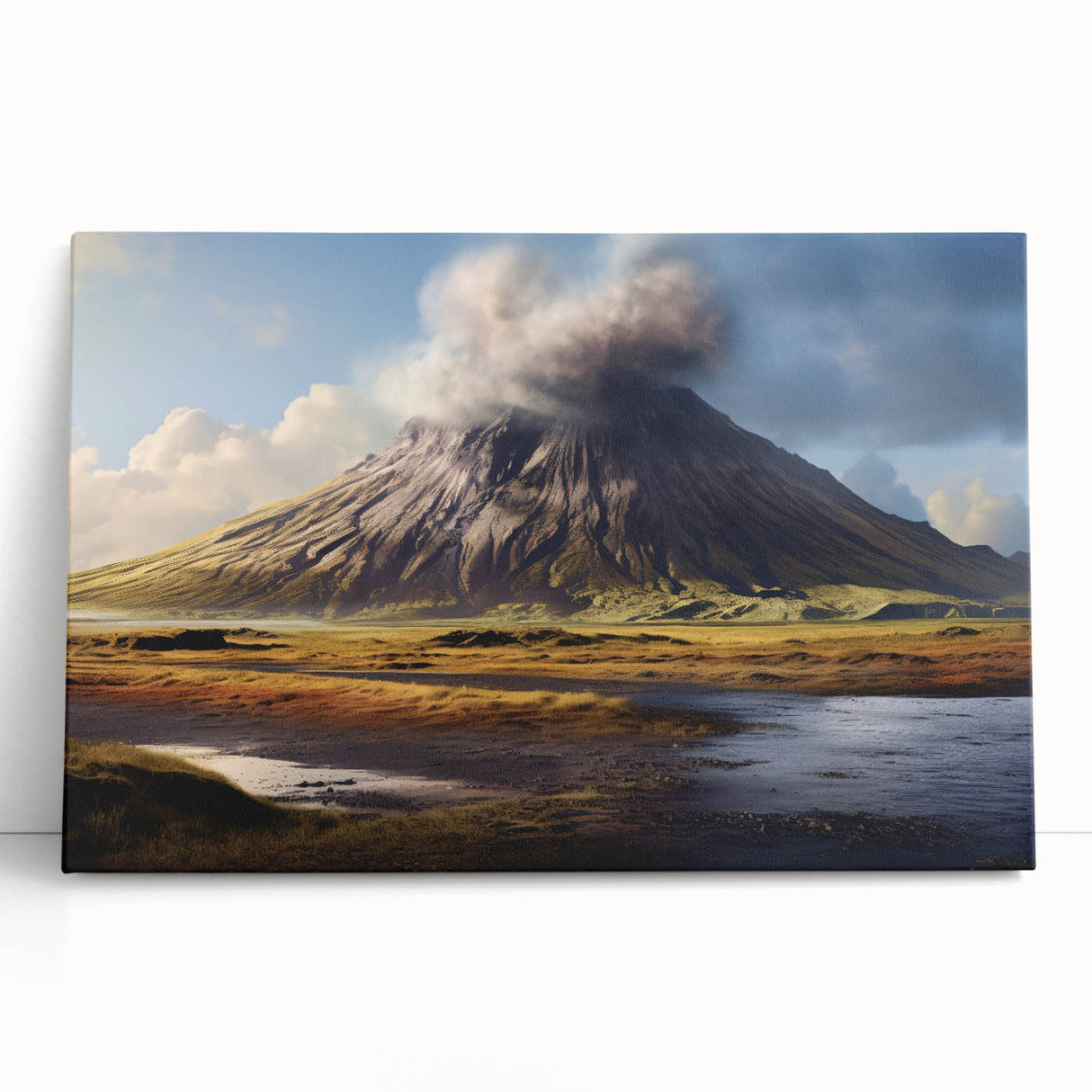 Vibrant stretched canvas wall art showcasing a dramatic volcano landscape design, featuring rich colors and dynamic textures, ideal for home decor enhancement.