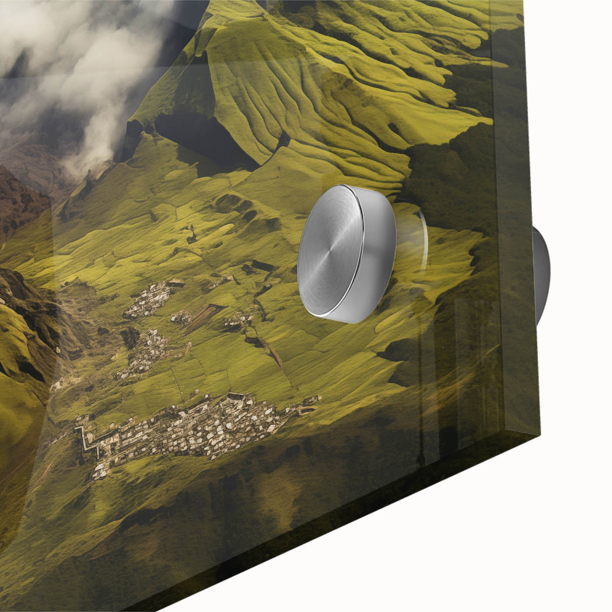 Close-up of a vibrant acrylic glass wall art piece showcasing a stunning volcano landscape design with bold colors and intricate details, perfect for home decor.