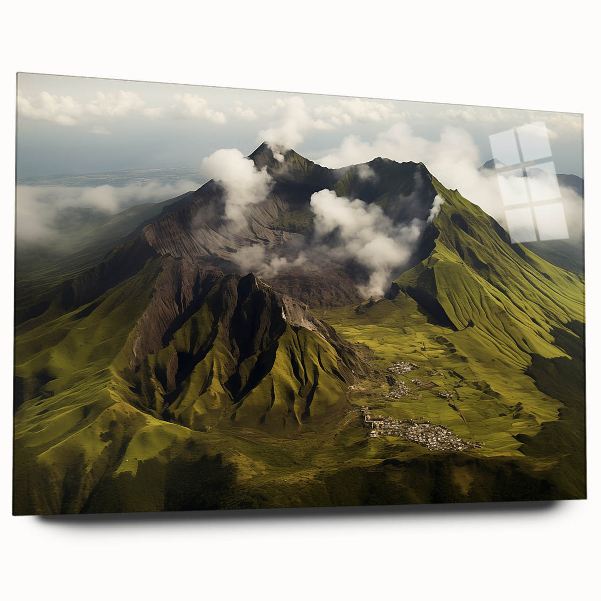 Acrylic glass wall art displaying a vibrant volcano landscape design in a side view, showcasing rich colors and intricate details, perfect for modern home decor.
