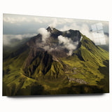 Acrylic glass wall art displaying a vibrant volcano landscape design in a side view, showcasing rich colors and intricate details, perfect for modern home decor.
