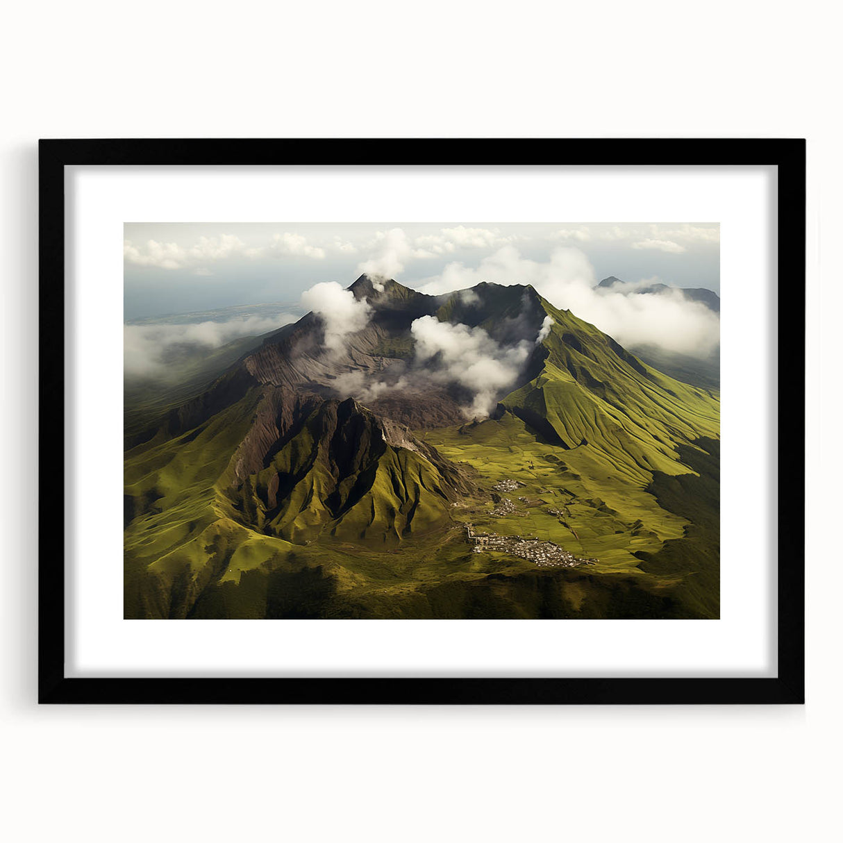Black-framed wall art featuring a stunning volcano landscape design, showcasing vibrant colors and intricate details, perfect for home decor or office spaces.