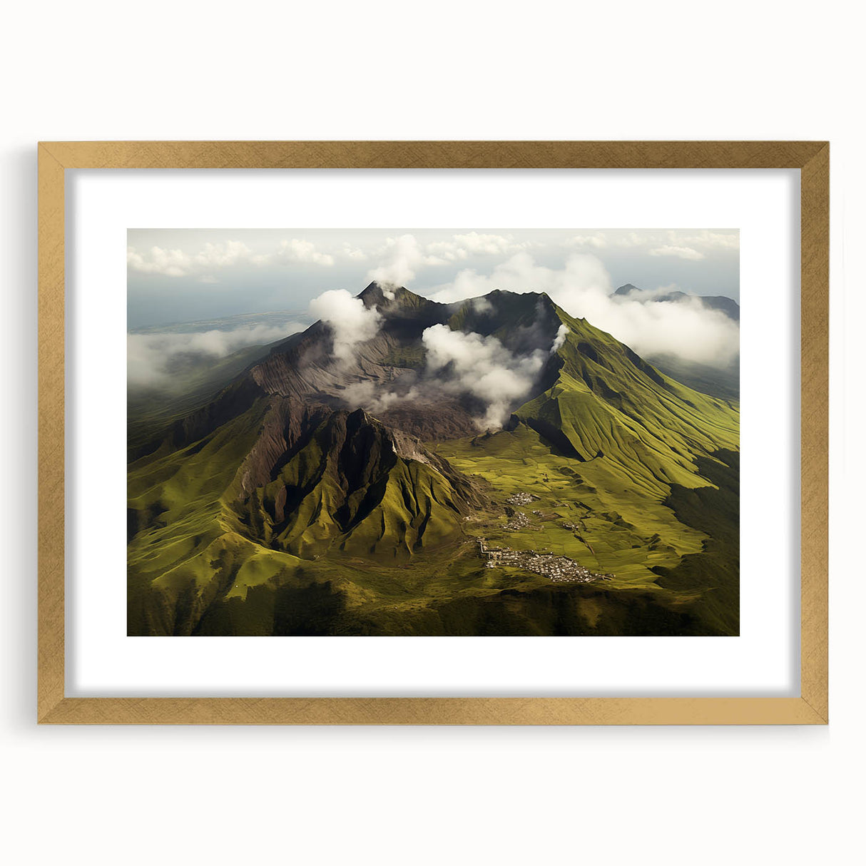 Framed wall art featuring a vibrant volcano landscape design, set in a gold frame with a mat, ideal for home decor, adding a striking focal point to any room.