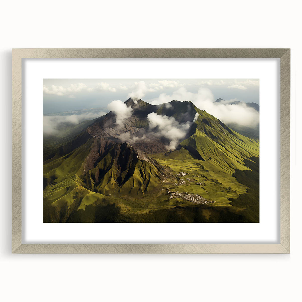 Framed wall art showcasing a stunning volcano landscape design with a silver mat and sleek frame, perfect for enhancing modern home decor.