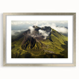Framed wall art showcasing a stunning volcano landscape design with a silver mat and sleek frame, perfect for enhancing modern home decor.