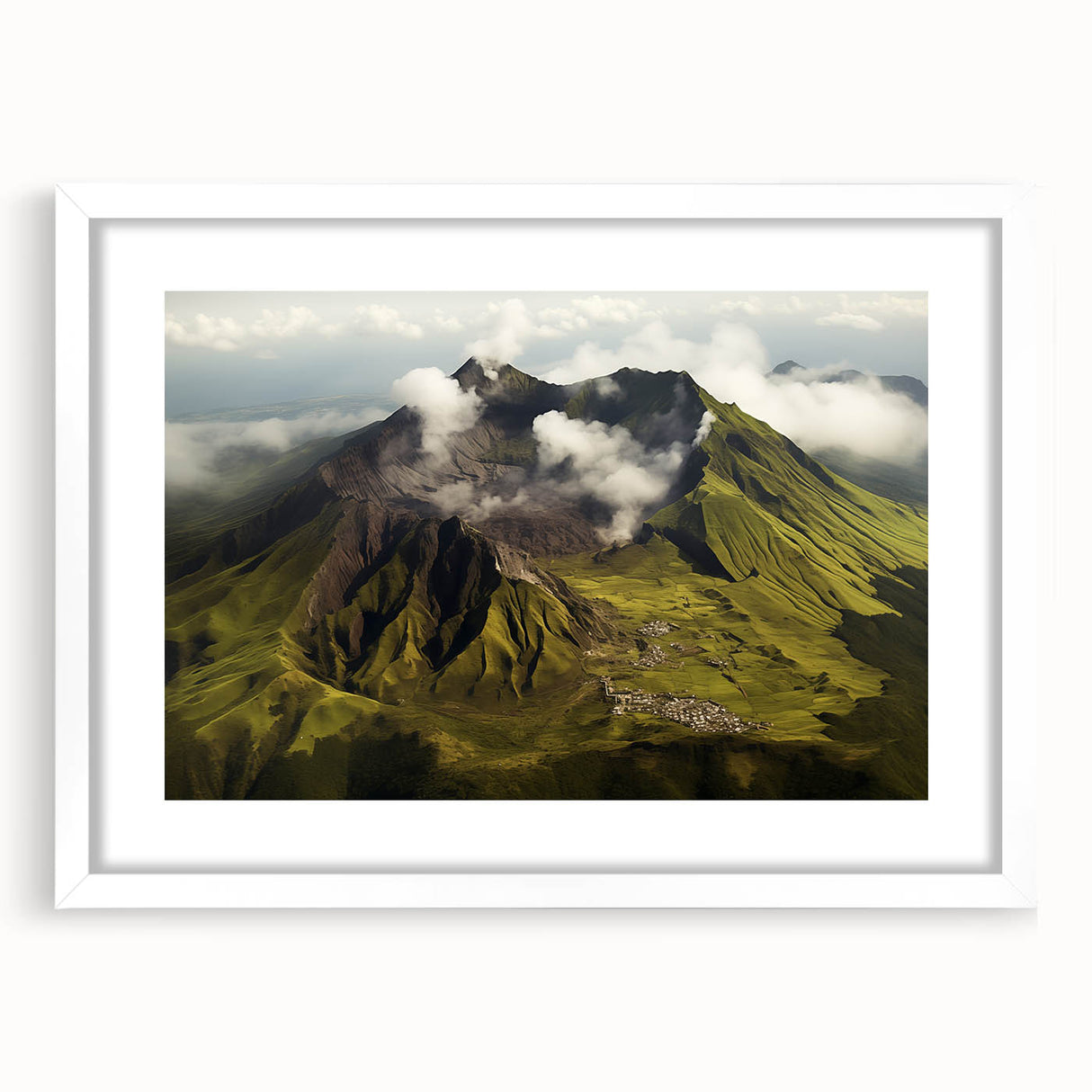 Framed wall art showcasing a vibrant volcano landscape design with a white mat, perfect for adding a dramatic touch to home decor. Ideal for nature enthusiasts and art collectors.