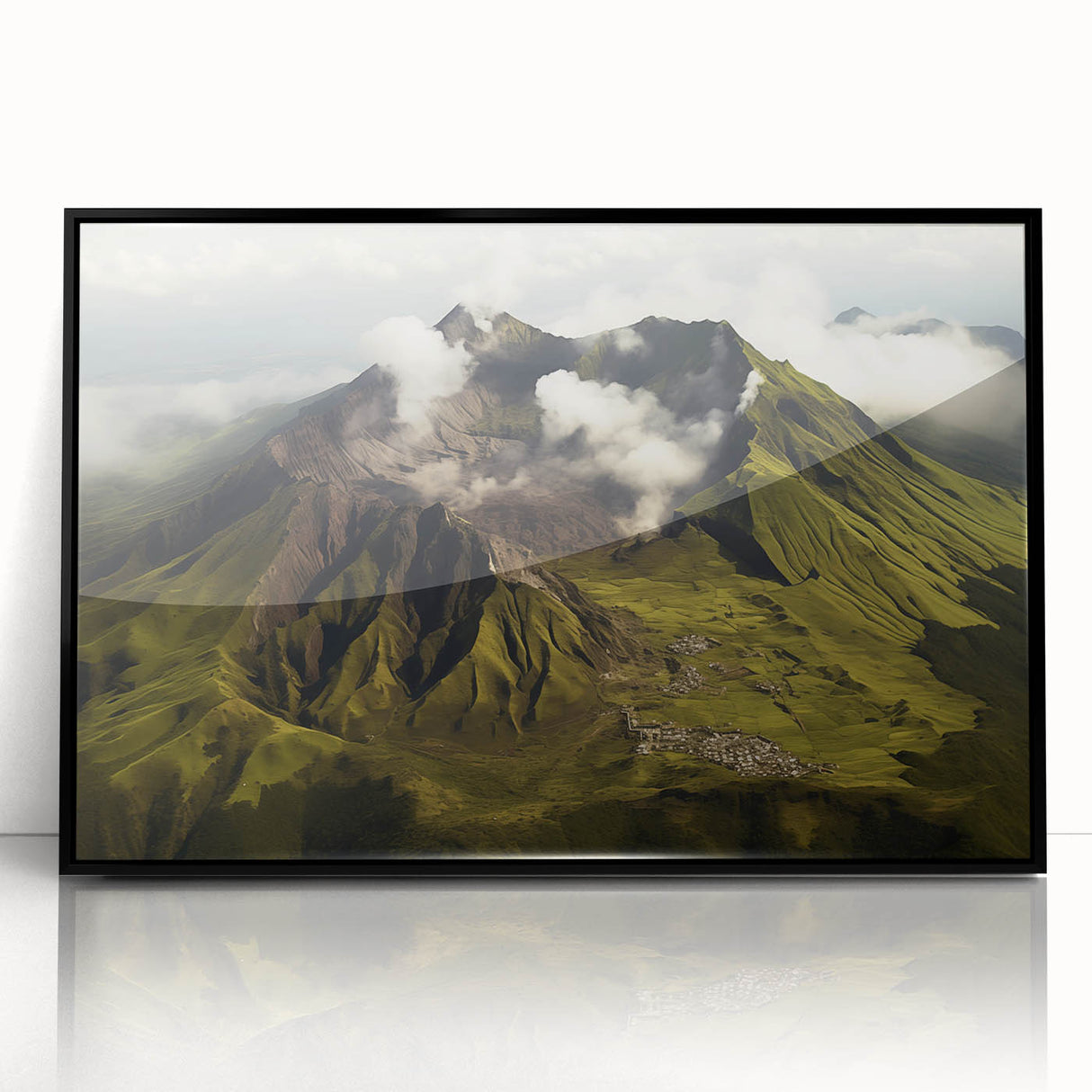Framed acrylic wall art featuring a vibrant volcano landscape design, showcasing bold colors and intricate details, perfect for adding a dramatic touch to home decor.